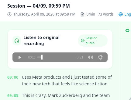 App screenshot showing the generated transcription